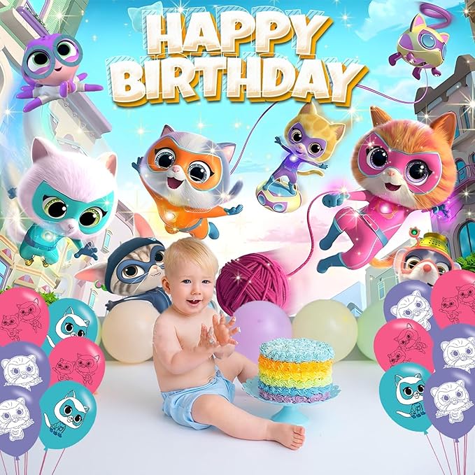 Super Cat Birthday Party Decoration,Kitties Party Photo Background 5 x 3 FT and 18 Pcs Balloon,Cat Merch Party Backdrop Supplies