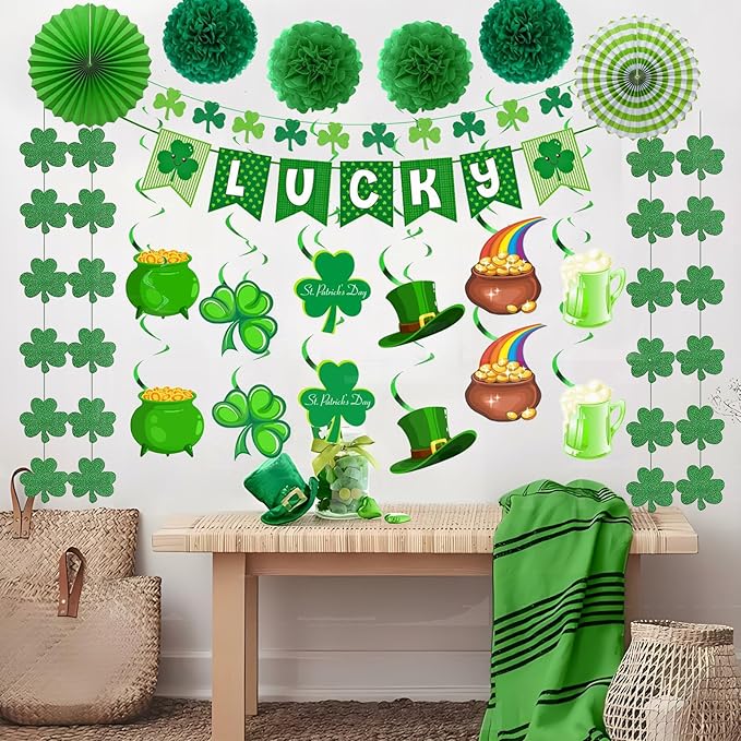 36 Pcs St Patricks Day Decorations Kit with Paper Flowers and Fan, Lucky Banner, Shamrock Garland and Shamrock Hanging Swirls Decor for Home Saint Patrick Party Supplies