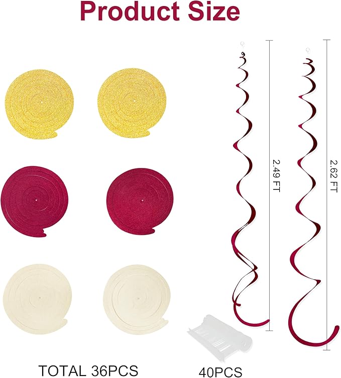 36 Pcs Maroon Gold Hanging Swirl Decorations Glitter Gold Burgundy Beige Felt Swirl Streamer Spiral Ceiling Garland for Birthday Graduation Wedding Baby Shower Retirement Anniversary Garnet Party
