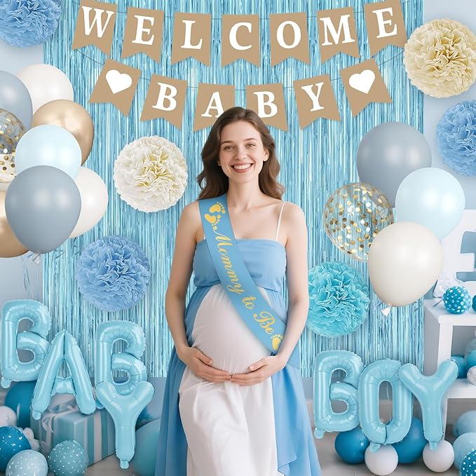 Dusty Blue Baby Shower Decorations Set with Welcome Baby Banner & Paper Fringe - Mom To Be Sash, Daddy To Be Badge, Light Blue Balloons, Paper Lantern, Pom Poms for Boy Gender Reveal Party Supplies