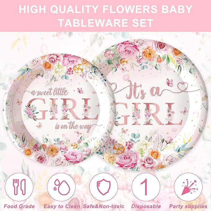 120Pcs Floral Baby Shower Decorations Pink Floral Baby Shower Party Supplies Baby Shower Plates and Cups and Napkins Sets Serve 20