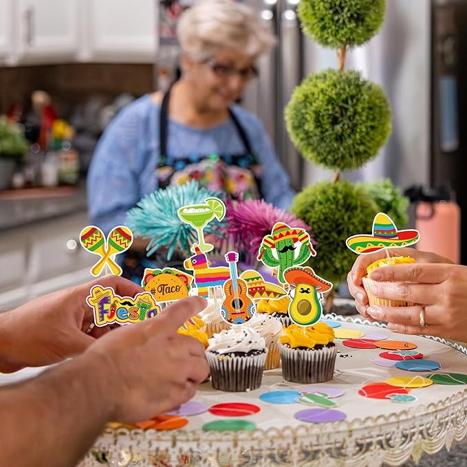 24 PCS Cinco De Mayo Decorations, 12 Style Fiesta Cake Toppers, Cocktail Guitar Chili Design Cinco De Mayo Cupcake Toppers Mexican Toothpicks, Taco Party Decorations Mexican Decor for Fiesta Party
