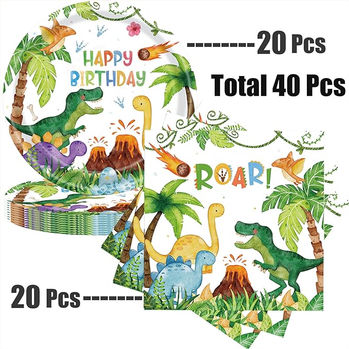 40 Pcs Dinosaur Plates and Napkins, Watercolor Dinosaur Birthday Party Supplies, Theme Party Decoration, for Boys Kids