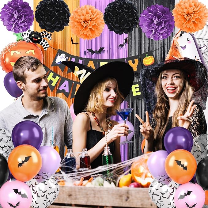 Purple Black Orange Party Decorations Set,Halloween Decorations Kit Including HAPPY HALLOWEEN Banner,Foil Balloons,3D Bat Stickers,Fringe Curtain,Paper Pompoms,Indoor Outdoor Halloween Supplies