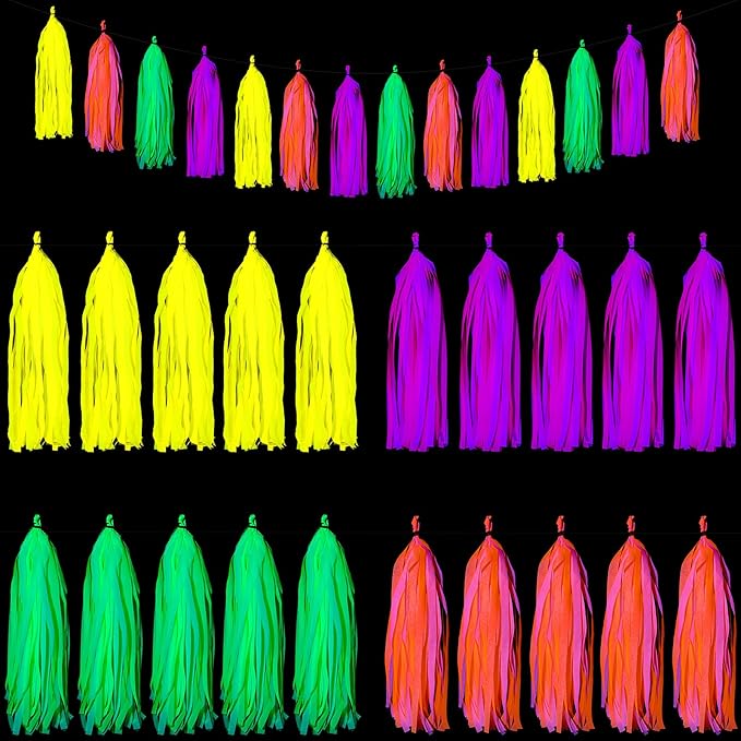 88 Pcs Glow Neon Party Supplies Including Neon Paper Garland 20 Pieces Paper Tassels Garland and Triangle Flags Bunting for Birthday Wedding Black Light Reactive UV Glow Party Decorations
