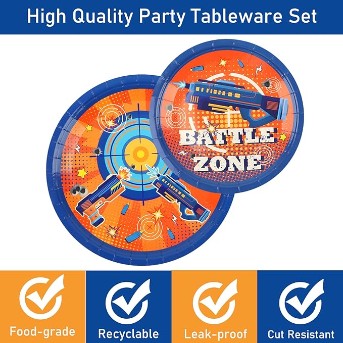 96 Pcs Dart War Plates and Napkins Party Supplies Dart War Themed Birthday Tableware Set Blue and Orange Party Decorations Favors for Kids Boys' Birthday Baby Shower Serves 24