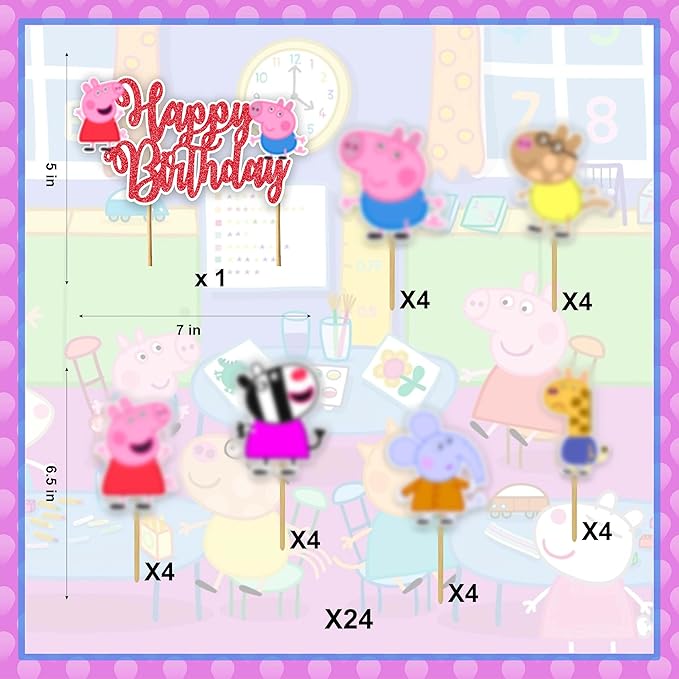 "Pepa Pig Theme Birthday Party Supplies – Cartoon Character Birthday Decorations – Happy Birthday Banner, Cake Topper, Cupcake Toppers & Party Décor for Boys and Girls Celebrations"