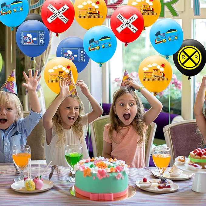 PANTIDE 52 Pcs Railroad Crossing Train Balloons Set 12 Inches Latex Balloons Bouquet with Ribbon Railway Choo Choo Steam Train Traffic Sign Party Decorations Supplies for Kids Birthday Baby Shower