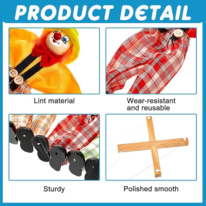 Meooeck 6 Pack Wooden Marionette Puppets Pull String Puppets, Include 6 Colors Clown Marionette String Clown Doll for Birthday Theater Puppetry Party