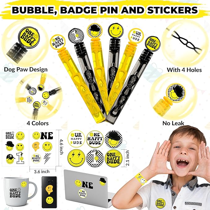 84 Pcs One Happy Dude Birthday Party Favor, 12 Set of Smile Face Theme Gift Box Straw Bubble Stickers Smile Badge Pin for First Birthday Party Supply