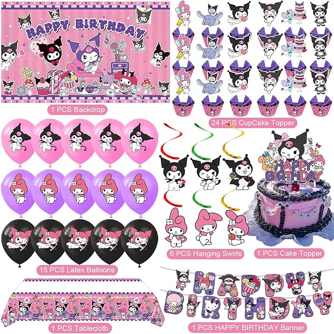 Kuromi Birthday Party Supplies, Party Decorations Set Include Banner, Backdrop, Balloons, Hanging Swirls, Cake Cupcake Toppers, Tablecloth for Girls Kuromi Theme Party