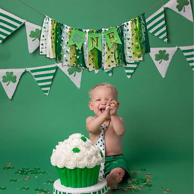 St. Patrick's Day High Chair Banner - Lucky One Birthday Party Supplies,Glitter Luck Shamrock Decorations,Four Leaf Clover First Birthday ONE Tutu Highchair Banner (lucky green)