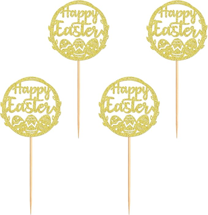 Ercadio 24Pcs Happy Easter Cupcake Toppers Glitter Golden Happy Easter Eggs Cupcake Picks for Easter Day Theme Baby Shower Easter Birthday Wedding Anniversary Party Cupcake Decorations