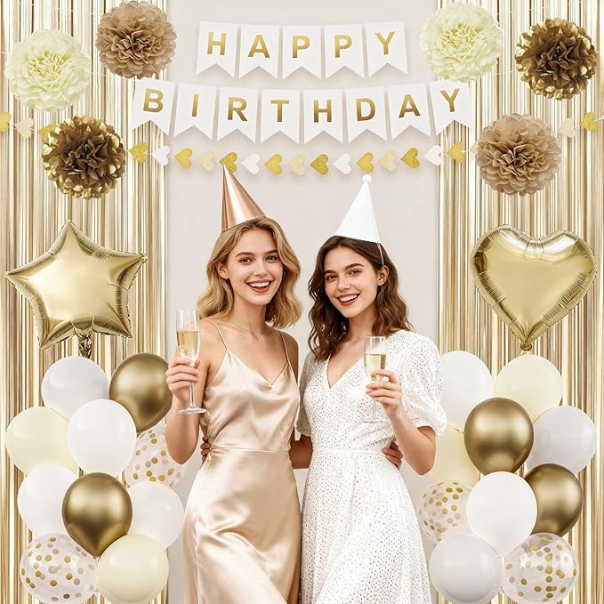 White and Gold Birthday Decorations for Women, Happy Birthday Party Decorations, Happy Birthday Banner, Gold White Sand Ivory Balloons, Tissue Paper Pompoms, Heart Garland, Party Decor for Girls