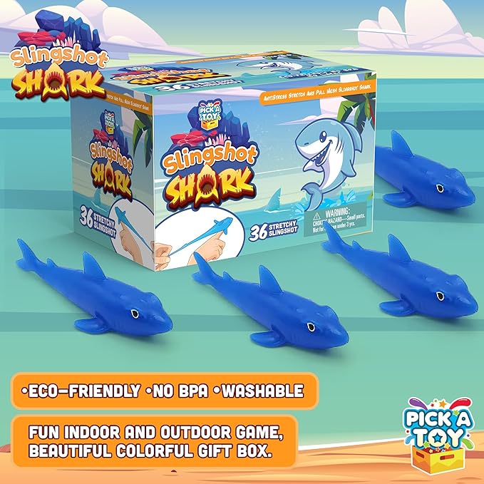 PICK A TOY 36 Pcs Shark Party Favors Stretchy Slingshot Toys, Mini Toys, Birthday Goodie Bags Stuffers, Sea Animal Party Decorations, Fish Shooter Game Finger Flicker, Easter Basket Stuffer