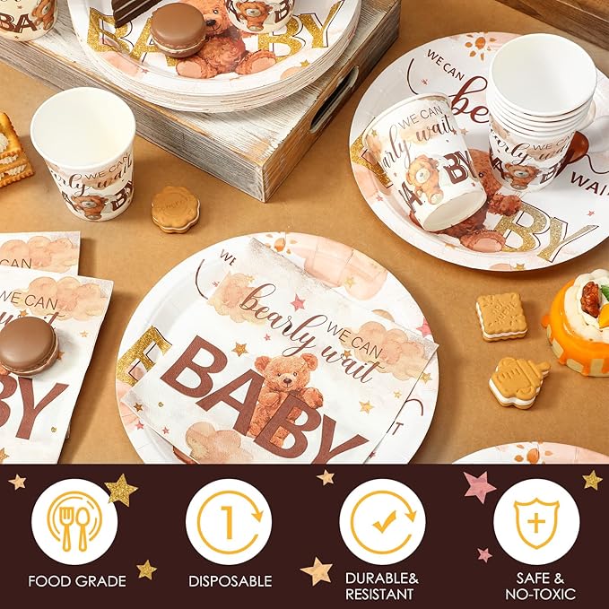 Hushee 200 Pcs Brown Bear Baby Shower Paper Plates Napkins Cups Baby Shower Party Supplies Tableware Set Brown Bear Disposable Cup Napkin for 50 Guest Spring Party Decoration