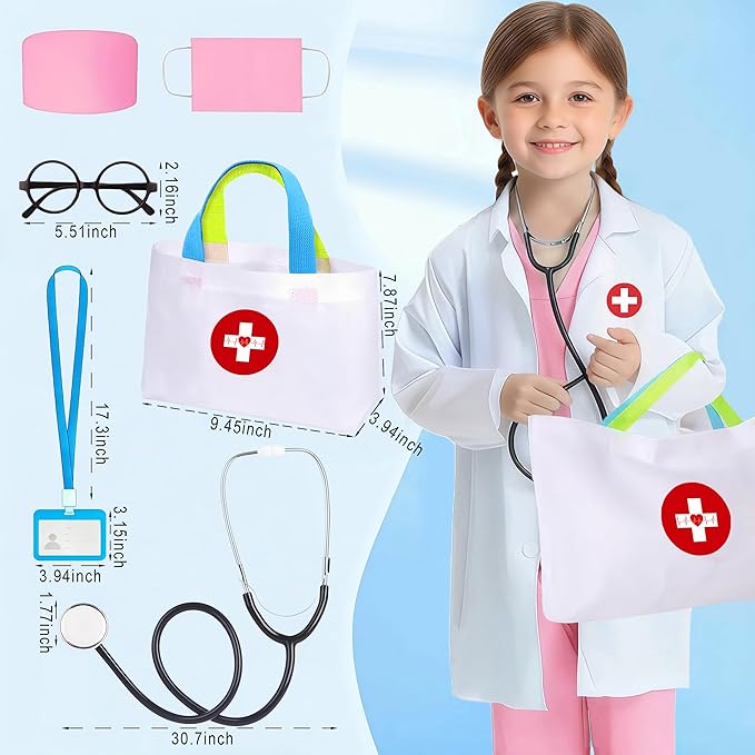 Doctor Costume for Kids 9PC Boys Girls Doctor Role Play Outfit with Bag Kids Scrubs Dress Up for Pretend Play