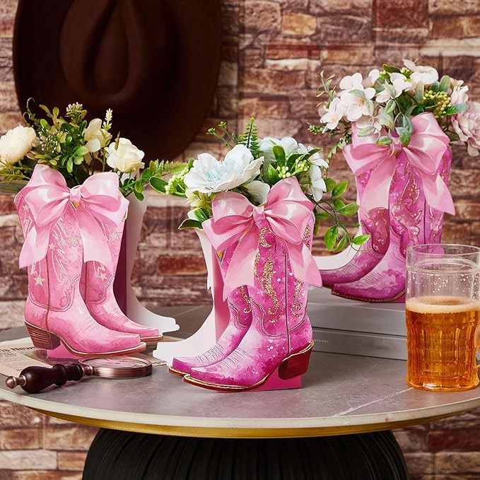12 Set Pink Western Cowgirl Bow Boots Flower Boxes Centerpiece Boot Shape Gift Boxes Western Party Decoration Vase Centerpiece for Table Boots for Rodeo Birthday Baby Shower Wedding Supplies