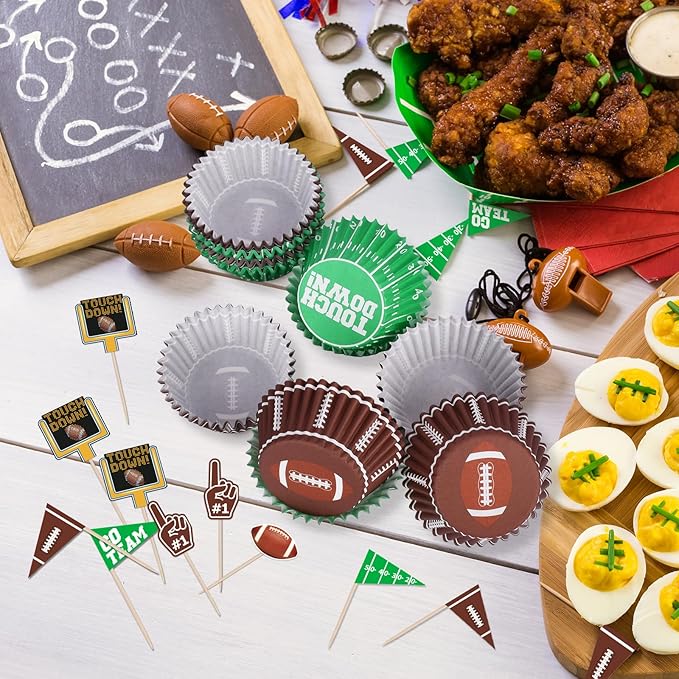 Football Party Supplies: 96-Count Football Cupcake Liners & 96pcs Cupcake Toppe -Game Day, Birthday, and Tailgate Parties - Premium Football Cake Decorations - Football Party Favors