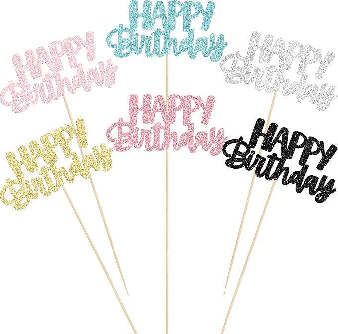 Gyufise 12Pcs Happy Birthday Centerpieces Sticks Double Sided Glitter Birthday Party Decorations Anniversary Table Flower Centerpiece for Celebrating Party Supplies Multicolor