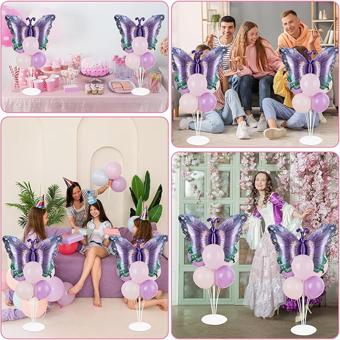 Butterfly Party Balloons Stand Kit 2 Sets With 2 Purple Gradient Butterflies Foil Balloons Centerpieces for Tables Butterfly Themed Party Balloon for Baby Shower Butterflies Theme Birthday Decorations