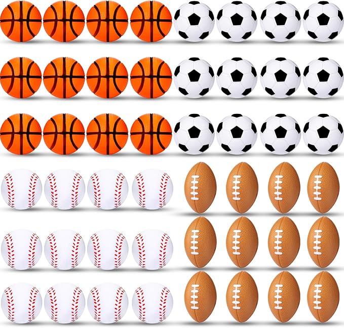 Blulu 48 Pack Small Sports Stress Balls for Kids Mini Footballs Baseball Soccer Basketball Sports Party Favor Gifts Small Foam Squeeze Anxious Toy for Classroom Reward Sport Party Supplies(1.6 Inch)
