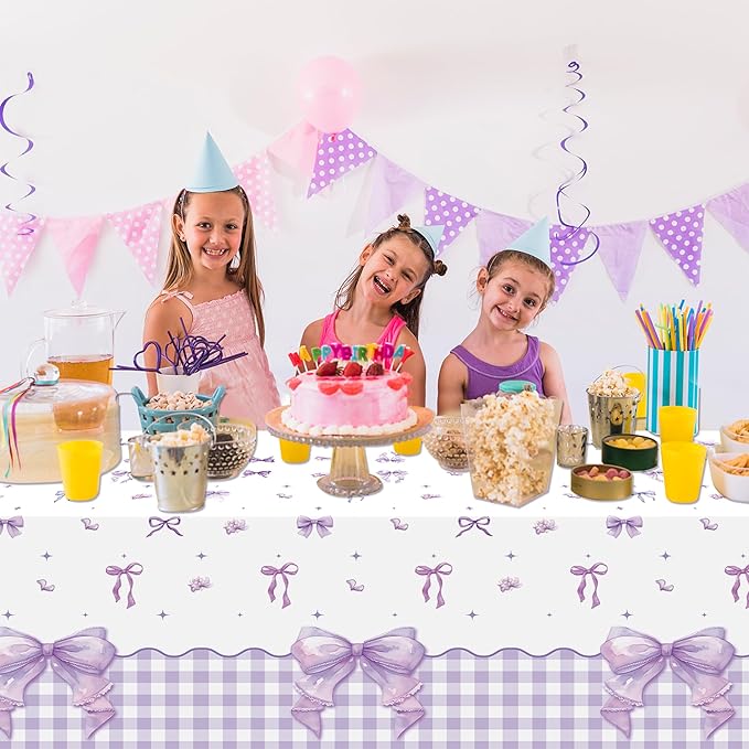 3Pcs Purple Bow Party Tablecloths - Purple Bow Knot Party Table Covers Decorations Rectangular Plastic Disposable Table Cloth Decor for Kids Girls Women Birthday Baby Shower Supplies