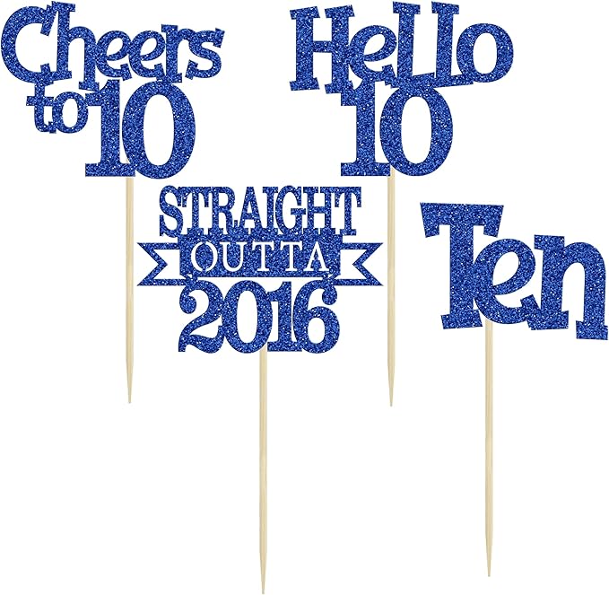 Ephlyn 24Pcs Happy 10th Birthday Cupcake Toppers Glitter Ten Cupcake Picks Hello 10 Cheers to 10 Years Cake Decorations for 10th Birthday Anniversary Party Decorations Supplies Blue