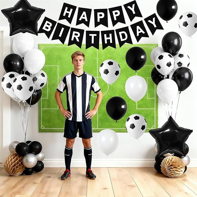 Soccer Birthday Party Decorations for Boys, Soccer Party Decoration with Black White Balloons Happy Birthday Banner Cake Toppers 18in Foil Balloon for Boys Men Girls Women Party Decor