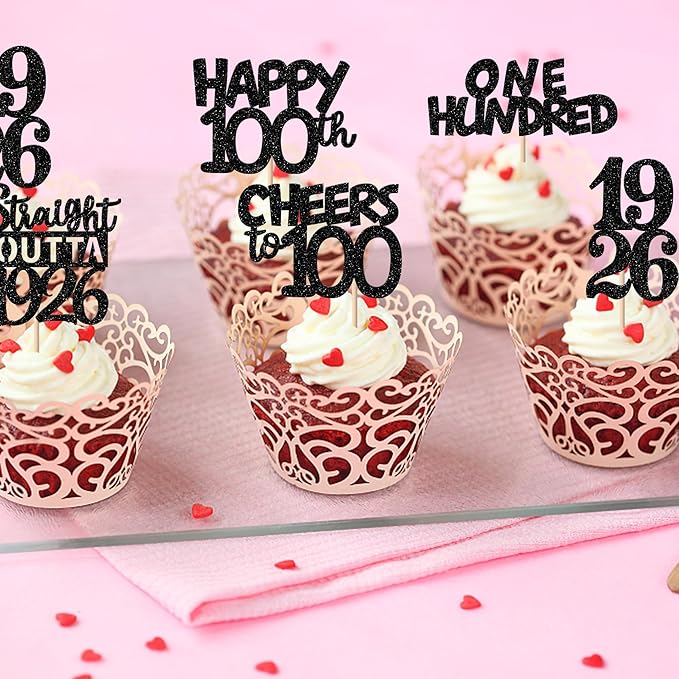 30PCS Black 100th Birthday Cupcake Toppers Glitter One Hundred Years 100 Fabulous Happy 100 Straight Outta 1926 Cupcake Picks for 100th Birthday Anniversary Party Cake Decorations Supplies