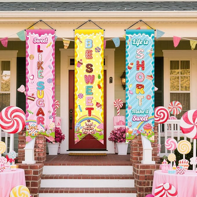 3 Pcs Candyland Party Decorations Sweet Candy Banners Donut Lollipop Porch Sign Candy Land Hanging Flags Photo Props Backdrop Supplies for Outdoor Door Wall Yard Birthday Baby Shower