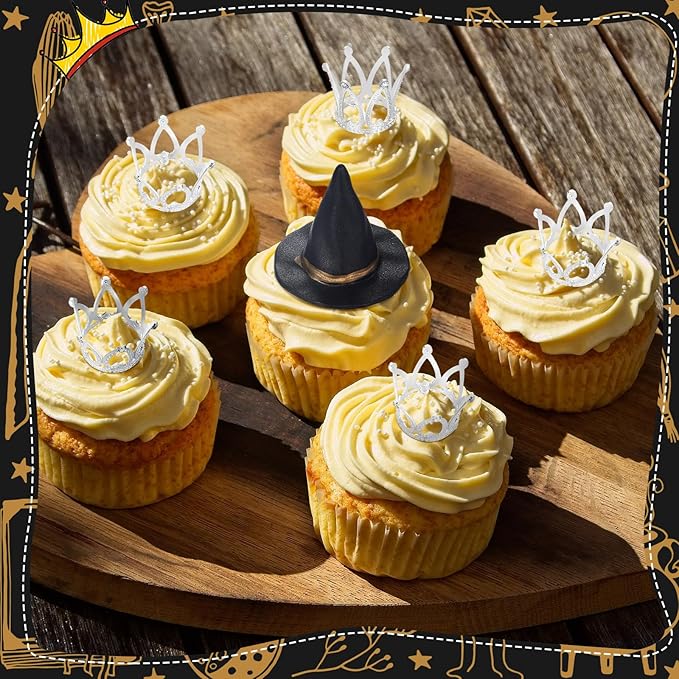 24 Pack Witch Hat and Crown Cake Topper Bad Witch Birthday Party Decorations Mini Wizard Hats Silver Crown Cupcake Toppers Decor Princess Cake Accessories for Birthday Party Supplies Crafts