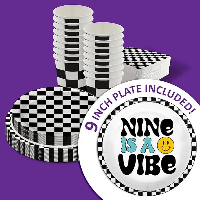 Nine is a Vibe Smiley Face 9th Birthday Party Supplies - 64 Piece Boys Ninth Birthday Tableware Set Includes Large 9" Dinner Plates and 8" Dessert Paper Plates Napkins Cups - Kit for 16