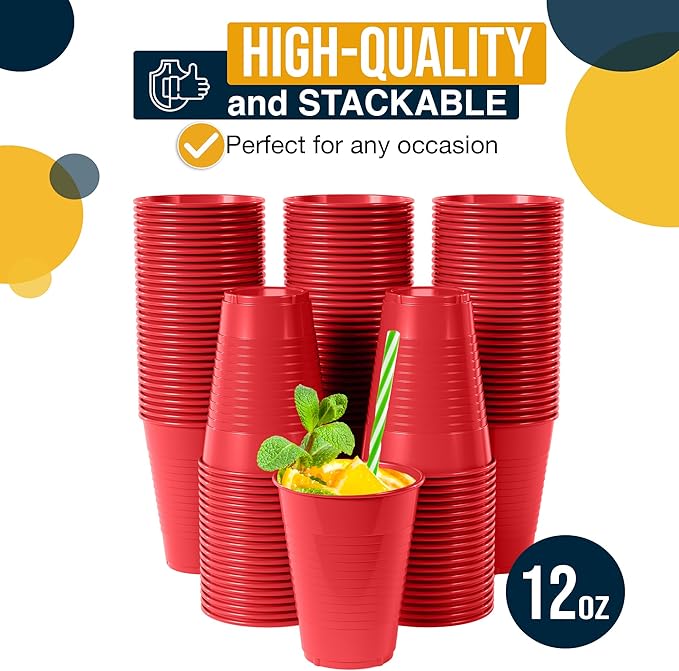 Party Solids 12 Oz Red Plastic Cups For Party Supplies 50 Pack | Red Disposable Cups Plastic | Disposable Drinkware For Parties, Events & Everyday
