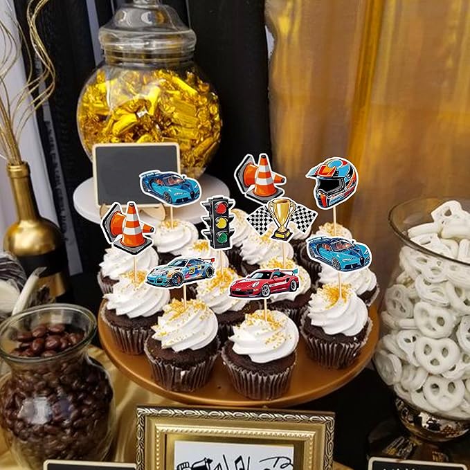 35PCS Race Car Cupcake Toppers Sparkling Trophy Flag Racing Cake Selected Racing Theme, Car Theme Party Supplies Baby Shower Boy Birthday Party Cake Decoration Supplie