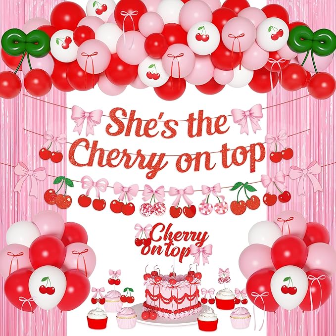 Cherry Party Decorations She's The Cherry On Top Banner Summer Fruit Cherries Themed Decor with Bow Cake Topper Pink Red White Balloons Fringe Curtains for Birthday Baby Shower Wedding Bridal Shower