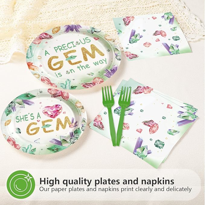 96Pcs Gem Stone Baby Shower Party Supplies She is a Gem Plates and Napkins Green Crystal Jewel Tableware Sets Glitter Jewel Geology Themed Decor for Baby Shower Newborn Girl Birthday Party Serve 24