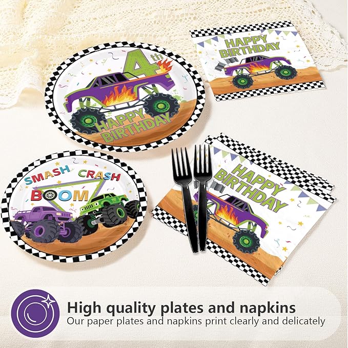 96Pcs Monster Theme Truck 4th Birthday Party Decoration Monster Birthday Plates and Napkins Green Purple Truck Disposable Paper Tableware Set for Kids Boys 4th Party Supplies Serves 24