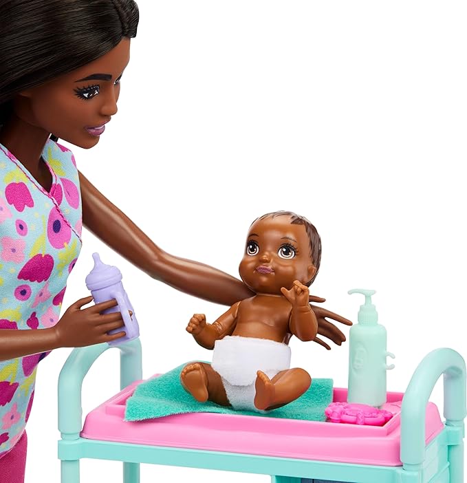 Barbie Careers Baby Doctor Playset with Brunette Doll Wearing Scrubs, 2 Baby Dolls, Examination Table & Accessories
