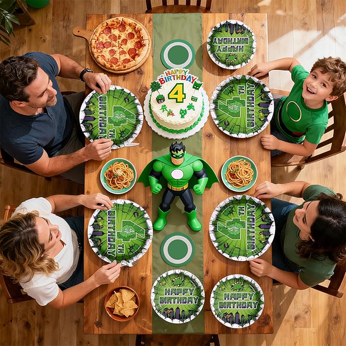 96Pcs Green Hero 4th Birthday Party Supplies Super Green Hero 4th Birthday Plates and Napkins Cityscape Super Bang Cartoon Movie Tableware Set for Kid 4 Year Old Party Supplies，Serves 24
