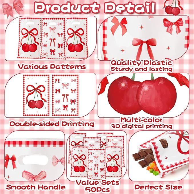 Bow Party Favor Bags - 50Pcs Red Cherry Goody Candy Treat Gifts Bags Bow themed Party Decorations for Kids Girls Women Birthday Wedding Bridal Baby Shower Bachelorette Party Supplies