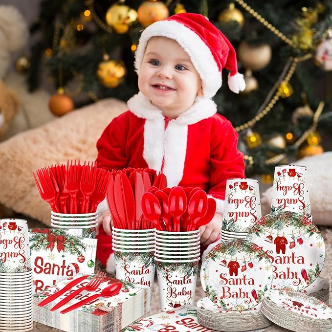 Dandat 350 Pcs Baby Shower Plates Set Serves 50 Tableware Sets Include Plates Napkin Cup Forks Knives Spoons Disposable Dinnerware (Christmas Santa Baby,Red)
