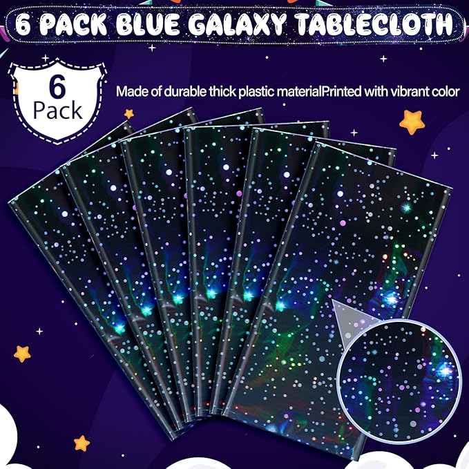 6Pcs Iridescent Space Tablecloths, Disposable Plastic Blue Galaxy Table Cloth Rectangle Table Covers for Space Starry Night Star Theme Party Birthday Party Decorations, 54x108 Inch