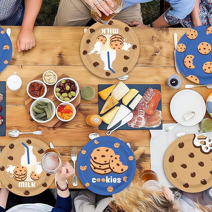 60 Pcs Milk and Cookies Birthday Party Plates 7" Disposable Chocolate Chip Cookie and Milk Dessert Plates Blue Brown Milk Cookies Theme Paper Platters for Kids Birthday Baby Shower Party Decorations