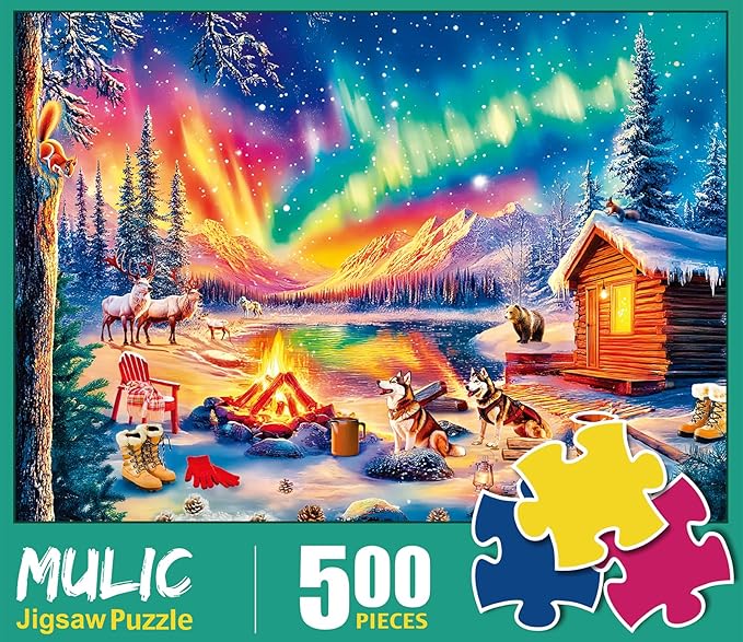 500 Piece Puzzles for Adults - Jigsaw Puzzles - Campfire Under The Northern Lights - Winter Puzzles
