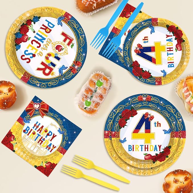 96 Pcs Snow Princess 4th Birthday Party Supplies Cartoon Snow Plates and Napkins Red Blue Yellow Tableware Set for Girls 4th Birthday Baby Shower Princess Theme Party Supplies, Serves 24