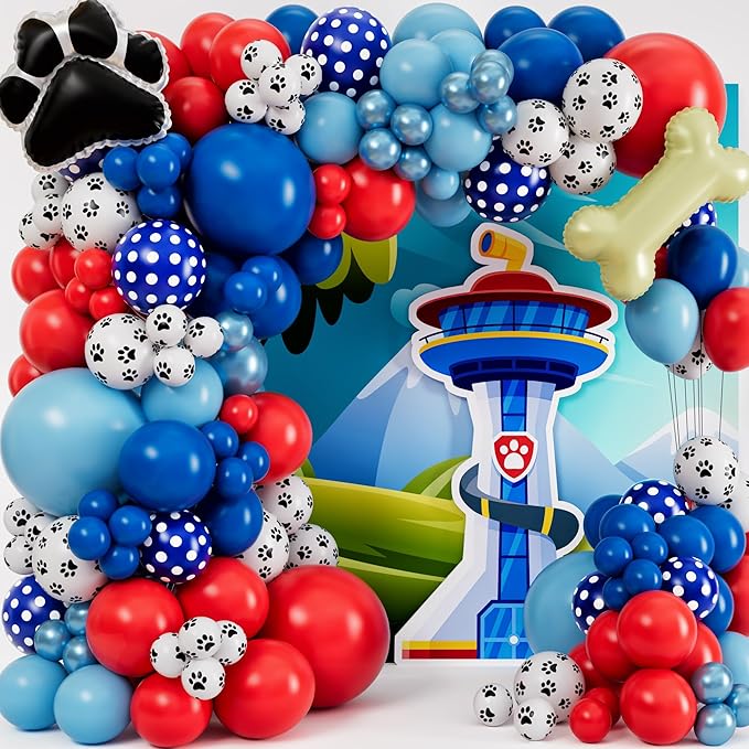 ALL-IN-1 Paw Balloon Arch & Garland Kit with BONUS Dog Bone – Small and Large Red, Dark Blue Paw Balloons – Paw Birthday Party Decorations & Supplies – Boy