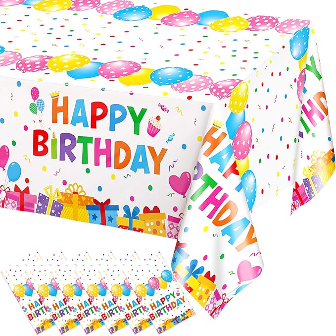 WNINK 6 Pack Happy Birthday Plastic Tablecloths, 54×108 Inch Disposable Waterproof Birthday Party Table Covers, Colorful Polka Dot Rectangle Tablecloths for Kids Boys Girls Birthday Decorations
