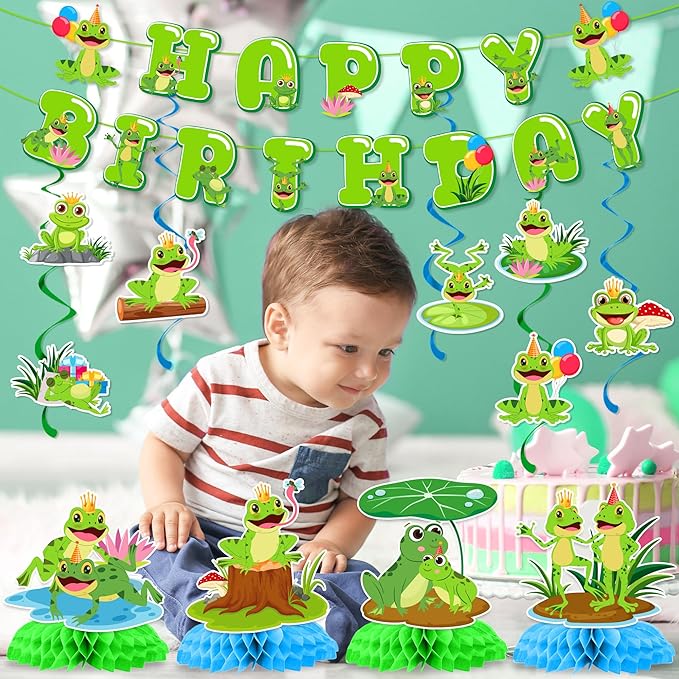 Frog Birthday Decorations Include Frog Happy Birthday Banners Hanging Swirls Honeycomb Centerpieces Princess Prince Frog Theme Party Supplies