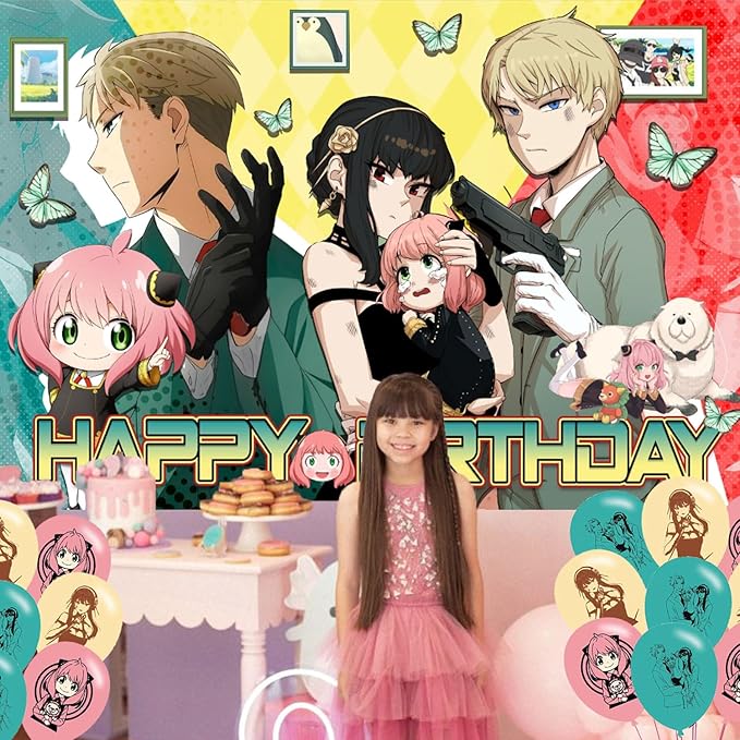 Spy Family Birthday Party Decoration,Anime Party Photo Background 5 x 3 FT and 18 Pcs Balloon,Anime Merch Party Backdrop Supplies
